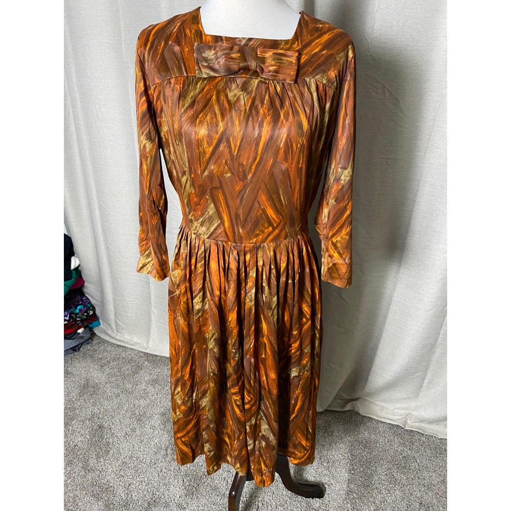 Vintage 50s Lois Young Dallas Abstract Print Midi Dress Orange Brown Bow Accent